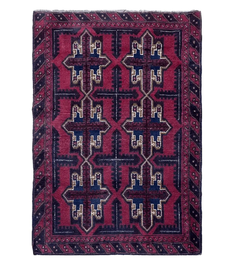 3X5 Vintage Handmade Tribal Wool Rug Balouchi Rug Afghan Rug Red Beige Blue Nice by Jewel Rugs