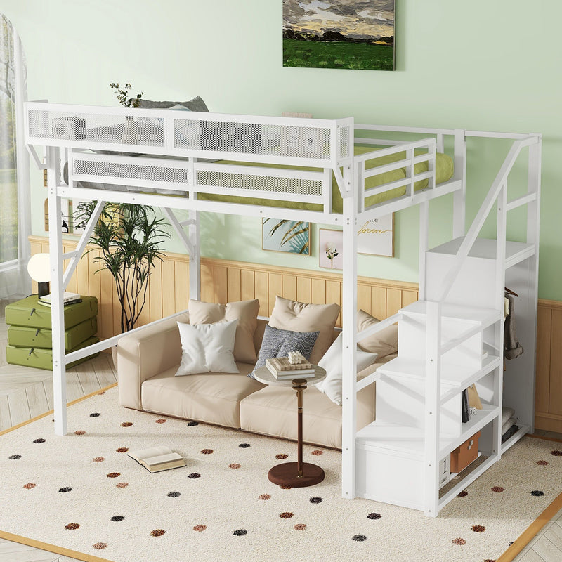 Full Size Loft Bed with Stairs and Storage Shelves by HouseOfZazla