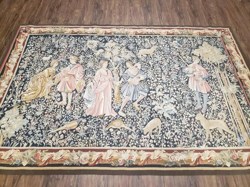 Vintage European Tapestry 5.4 x 7.11, Antique Style European Wall Hanging, Aubusson Weave Handmade Tapestry, Courtship Dating Scene, Animals by Jewel Rugs