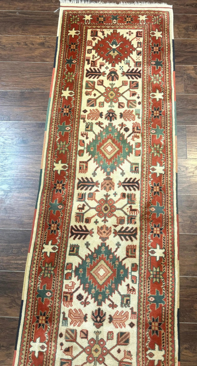 Turkish Runner Rug 2.4 x 8, Kazak Geometric Heriz Pattern, Beige Red by Jewel Rugs