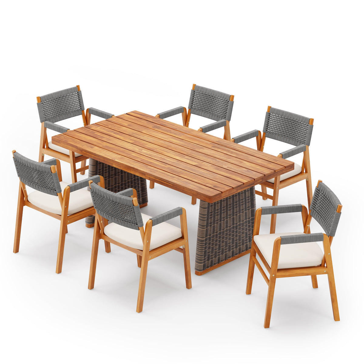 Outdoor 7 Pieces Acacia Wood Dining Set with Handwoven Rattan Legs, photo 3 of 10