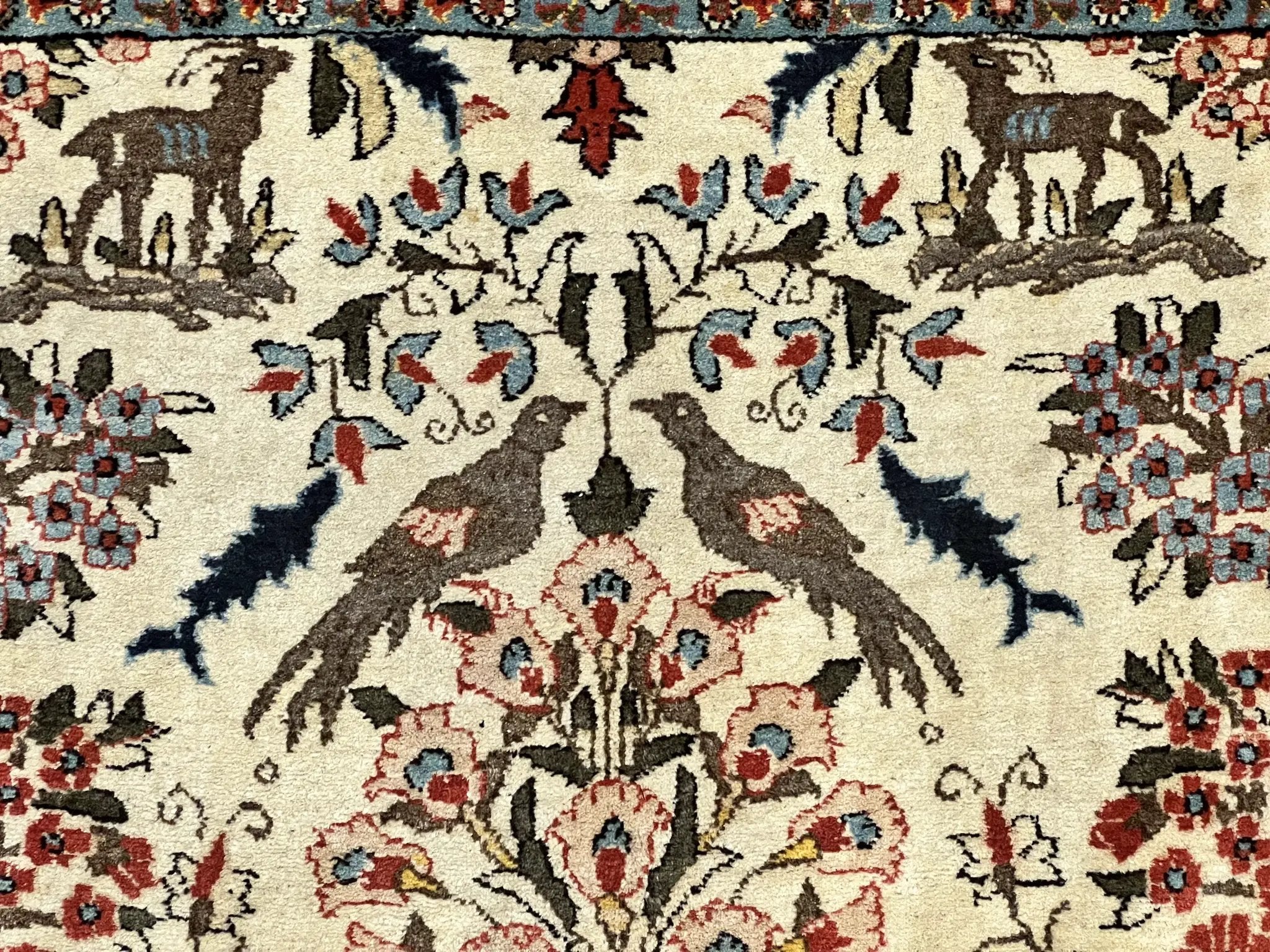 Persian Tree of Life 5x7, Qum Rug, Animal Motifs, Deer Birds, Fine 225 KPSI, Semi Antique Wool Rug, Cream Red by Jewel Rugs