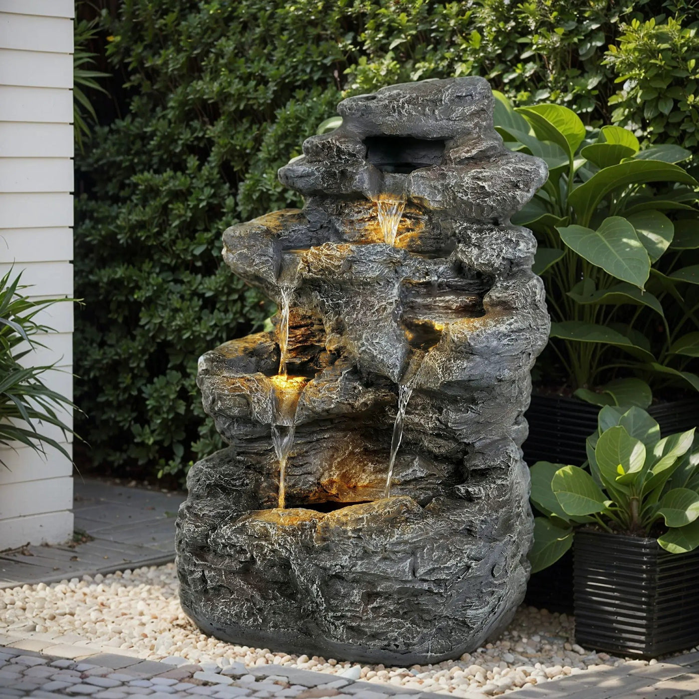 Concrete Rock Waterfall Fountain with LED Lights by HouseOfZazla