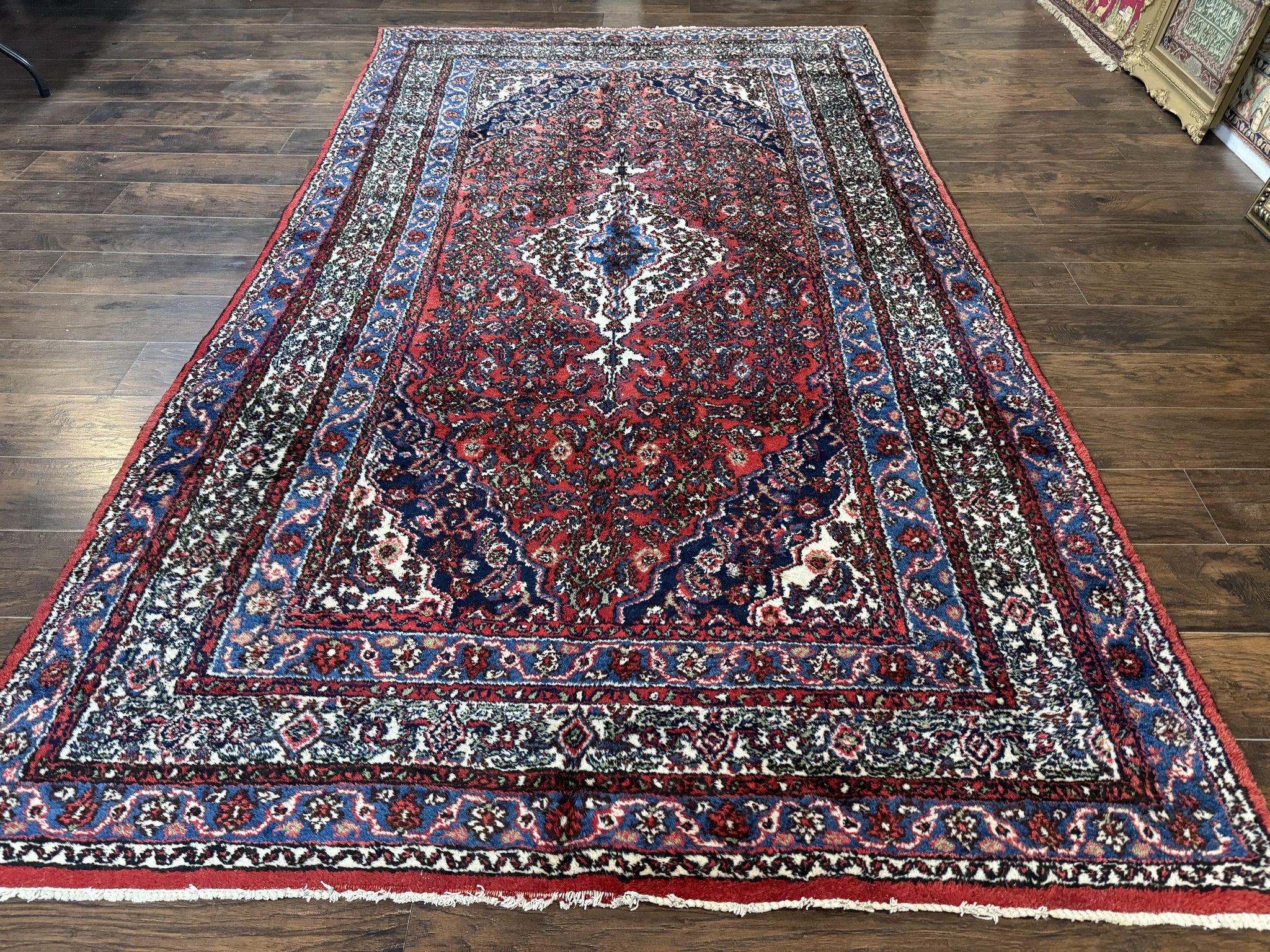 Persian Tribal Rug 6x11, Red Blue Ivory, Antique Persian Carpet, Hamadan Dargazin Carpet by Jewel Rugs