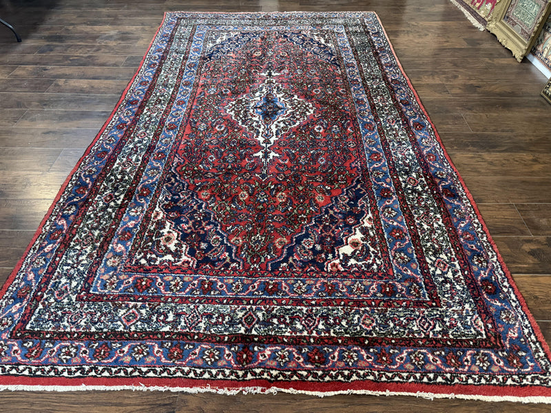 Persian Tribal Rug 6x11, Red Blue Ivory, Antique Persian Carpet, Hamadan Dargazin Carpet by Jewel Rugs