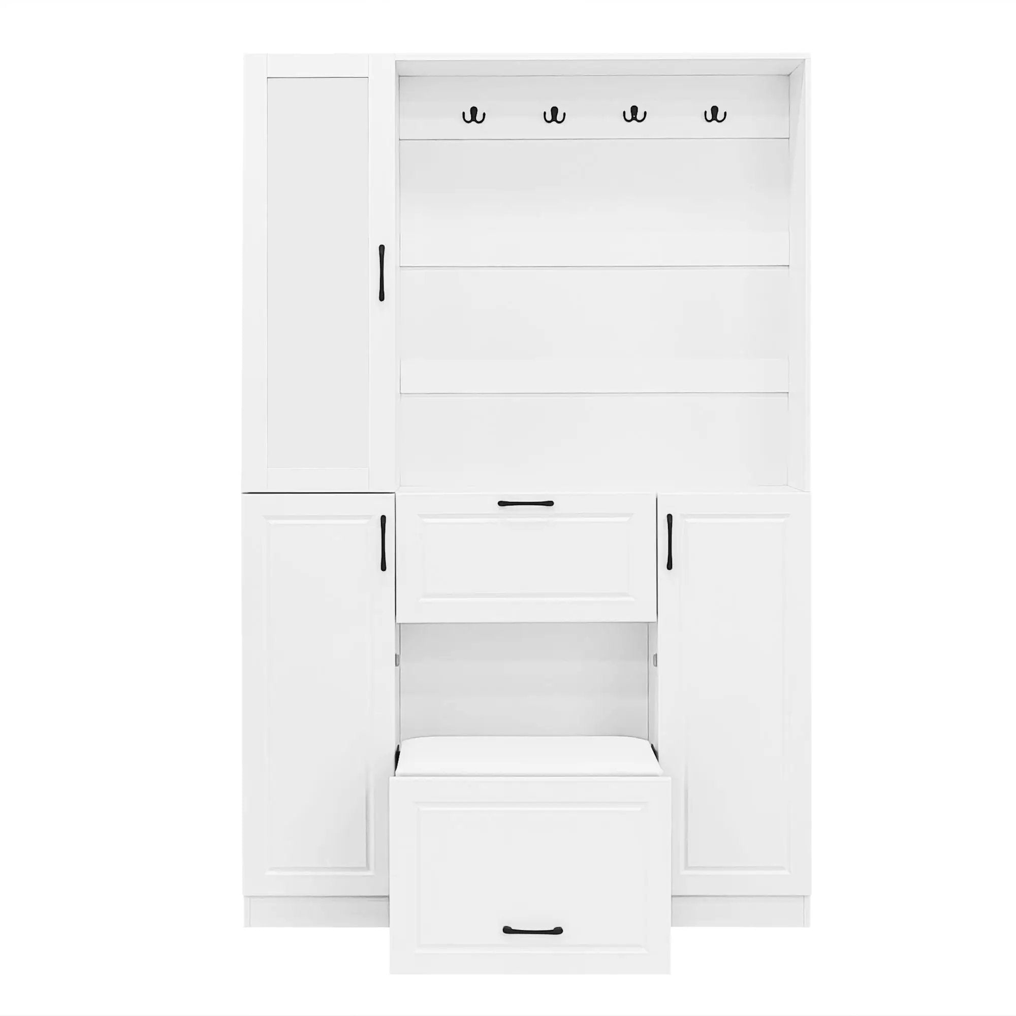 Entryway Bench With Integrated Shoe Cabinet, 3 In 1 Design And Mirrored Cabinet Door, Hall Tree With 4 Sturdy Hooks And Foldable Seat For Entrance, Living Room - White by HouseOfZazla