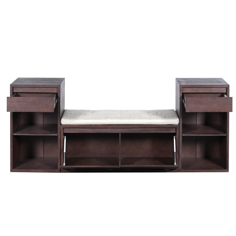 Entryway Storage Bench With Cushion, Drawers & Open Shelves