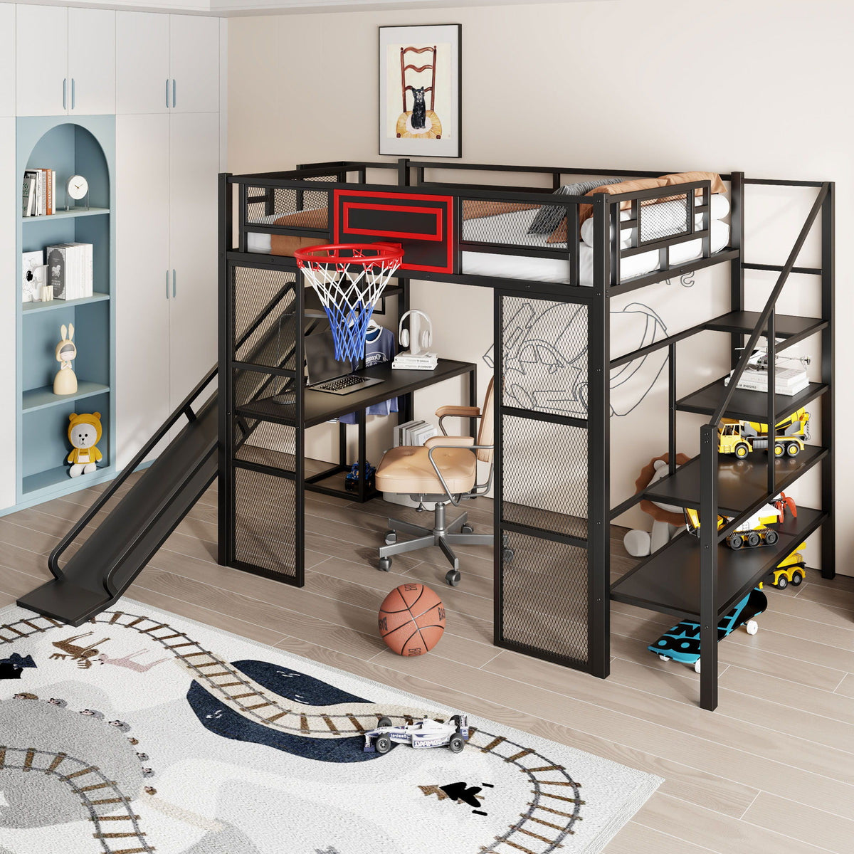 Full Loft Bed with Built-In Desk, Slide & Storage - Black or White, photo 13 of 24