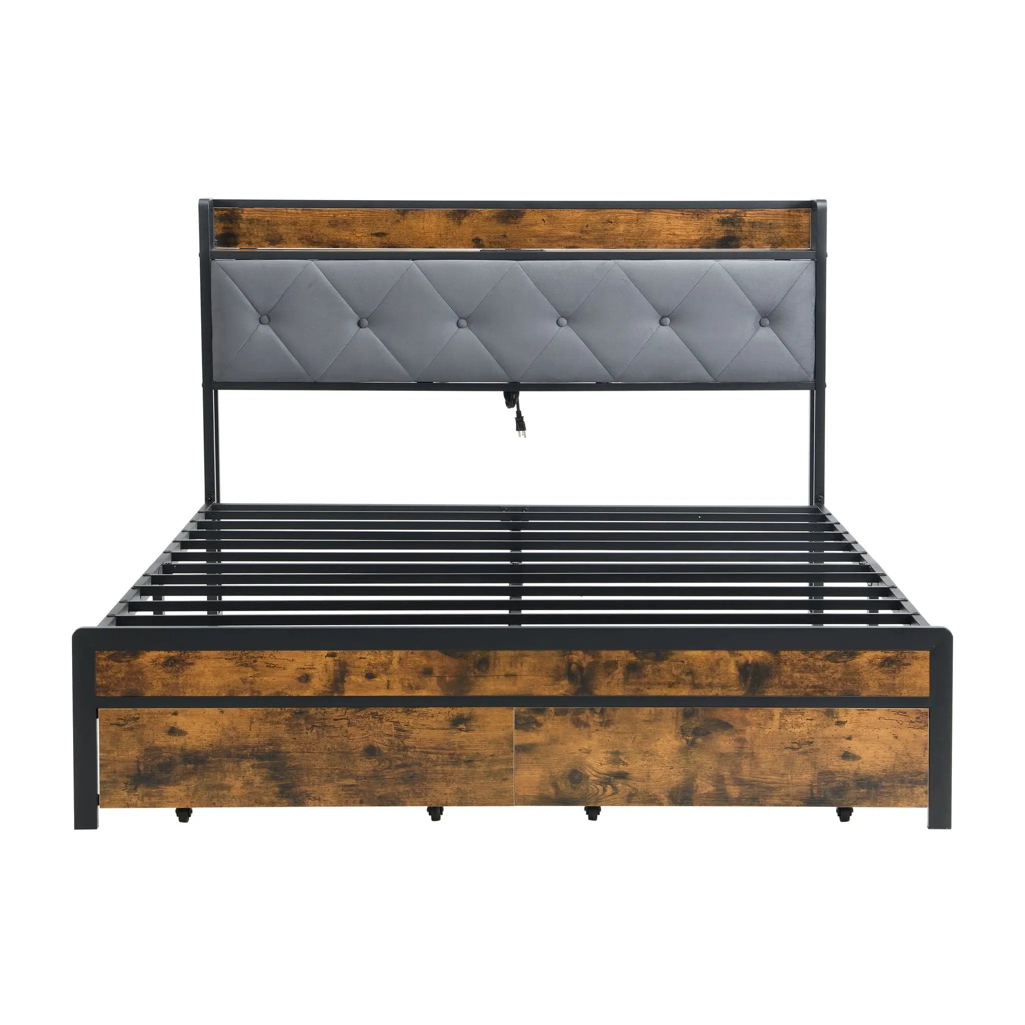 Modern Bed Frame With LED Lights, Upholstered Headboard, USB Charging by HouseOfZazla