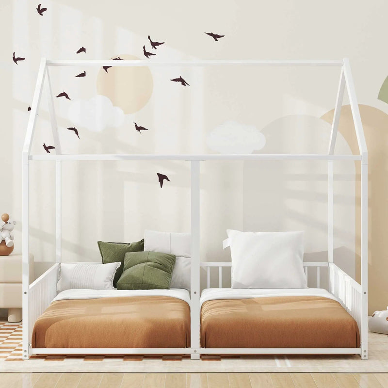 Metal Twin Size House Platform Beds 2 Shared Beds - Antique White by Unique Piece Furniture