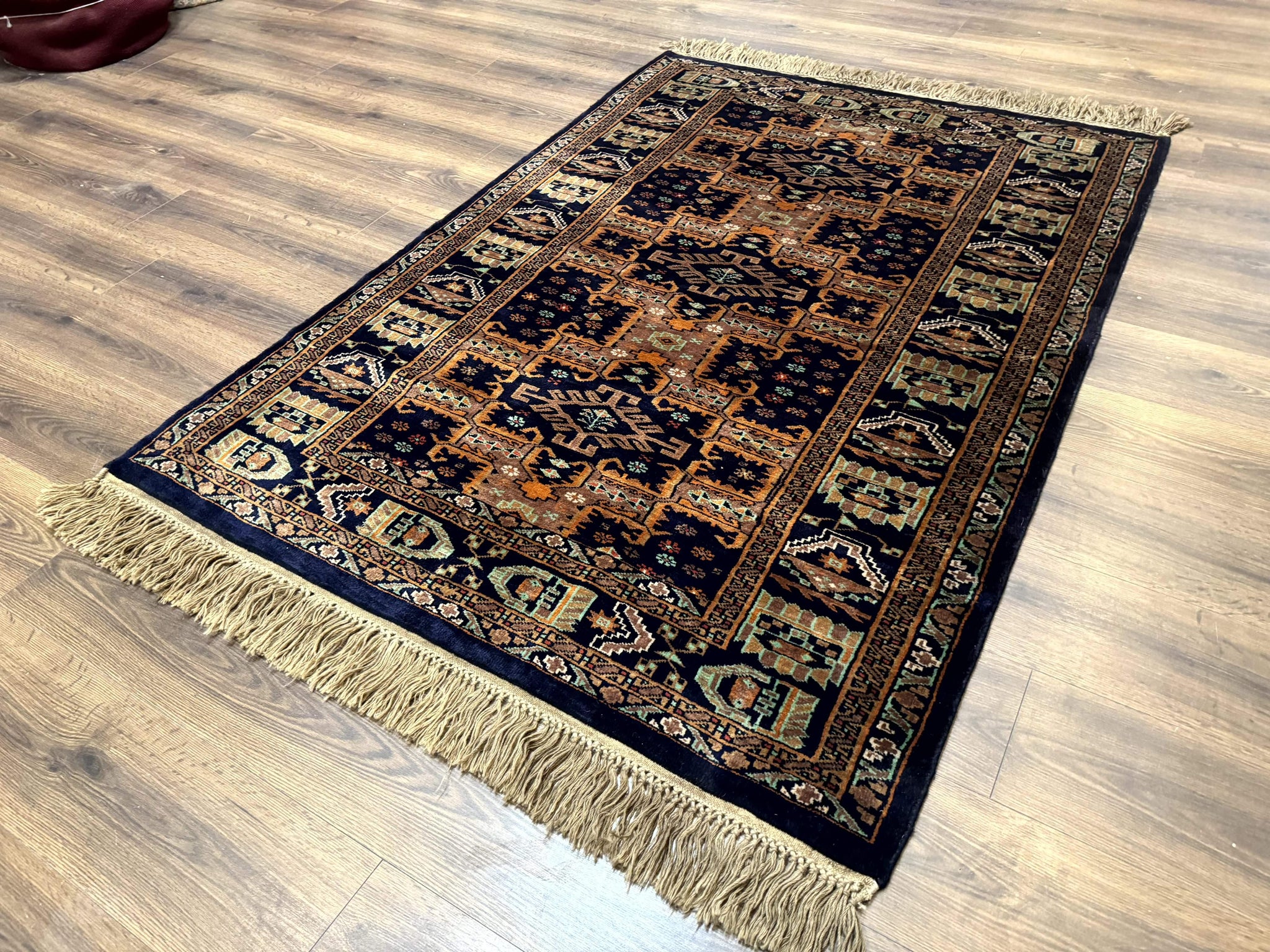 Vintage Afghan Rug 4x6, Navy Blue and Light Brown, Geometric Medallions, Wool on Wool, Tribal Rug by Jewel Rugs