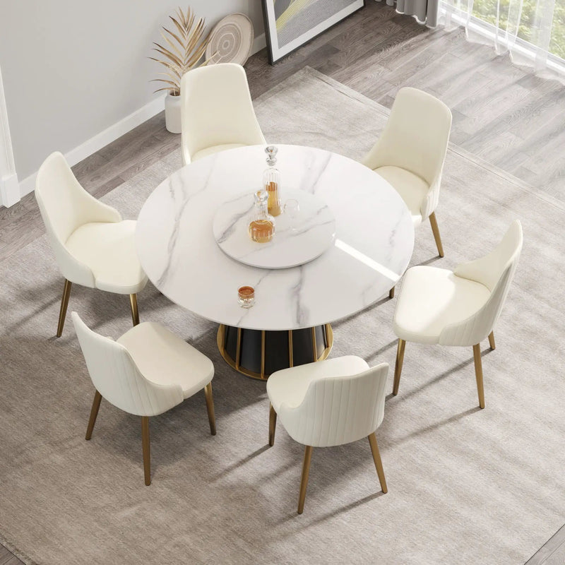 53.15" Modern Artificial Stone Round Panel Metal Iron Base Dining Table, Can Accommodate 6 People-23.62" Artificial Stone Turntable (Not Including Chairs) - White / Black by HouseOfZazla