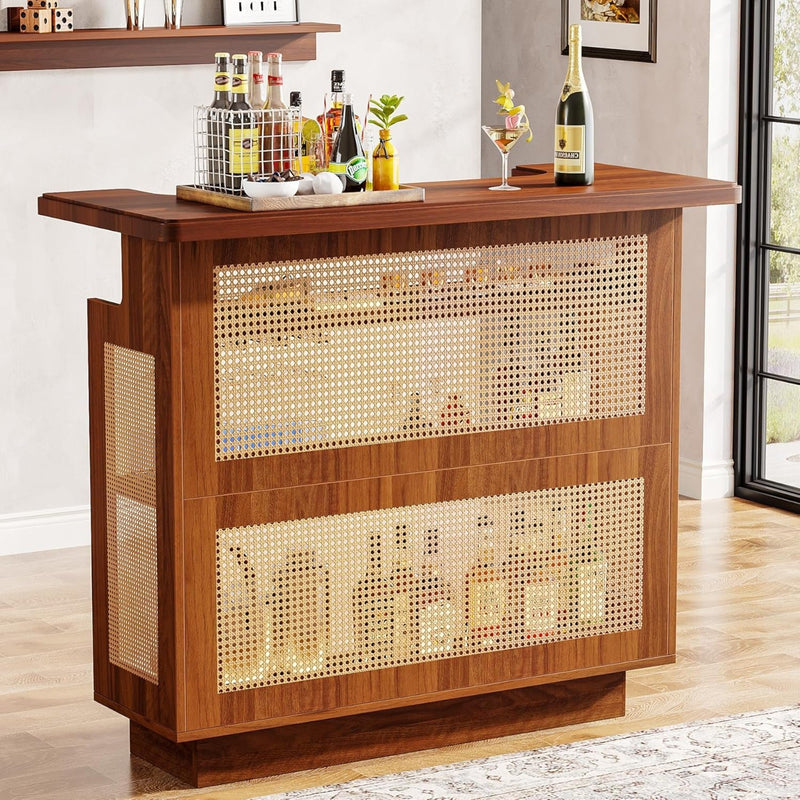 Farmhouse Rattan Bar Unit with Ample Storage - Caramel Brown