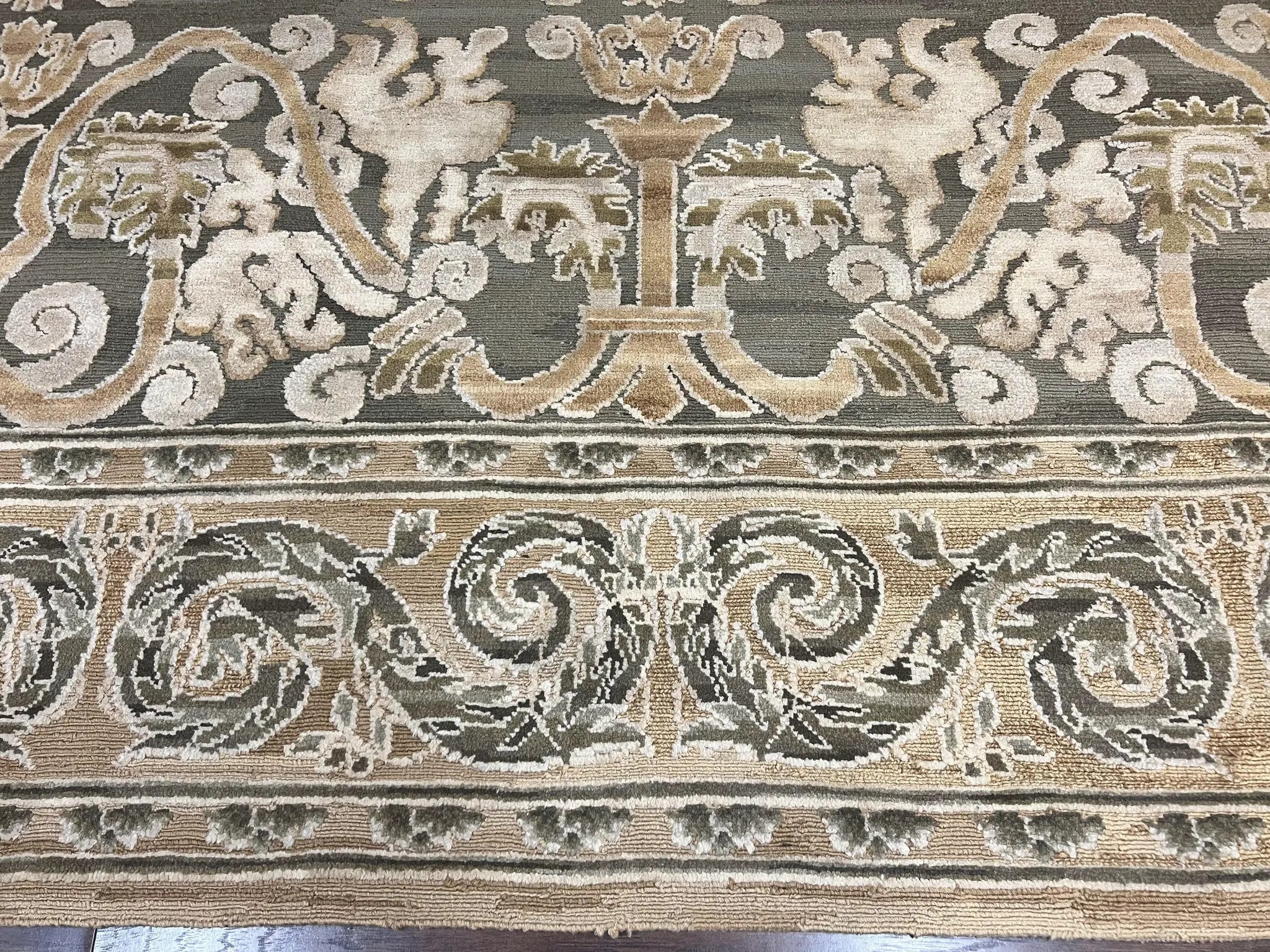 Spanish Rug 11x14, Wool Hand Knotted Vintage Carpet, Olive Green and Beige, Floral Allover, European Design, 11 x 14 Rug by Jewel Rugs