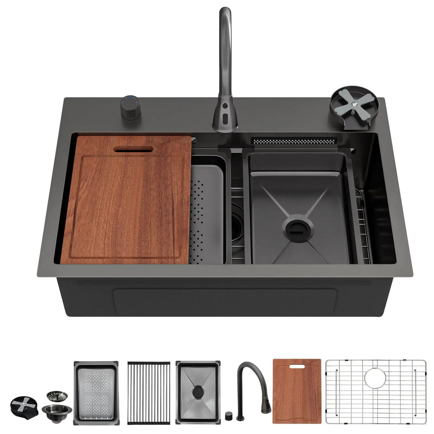 Drop In Waterfall Kitchen Sink With Pull-Out Faucet & Cup Washer by HouseOfZazla