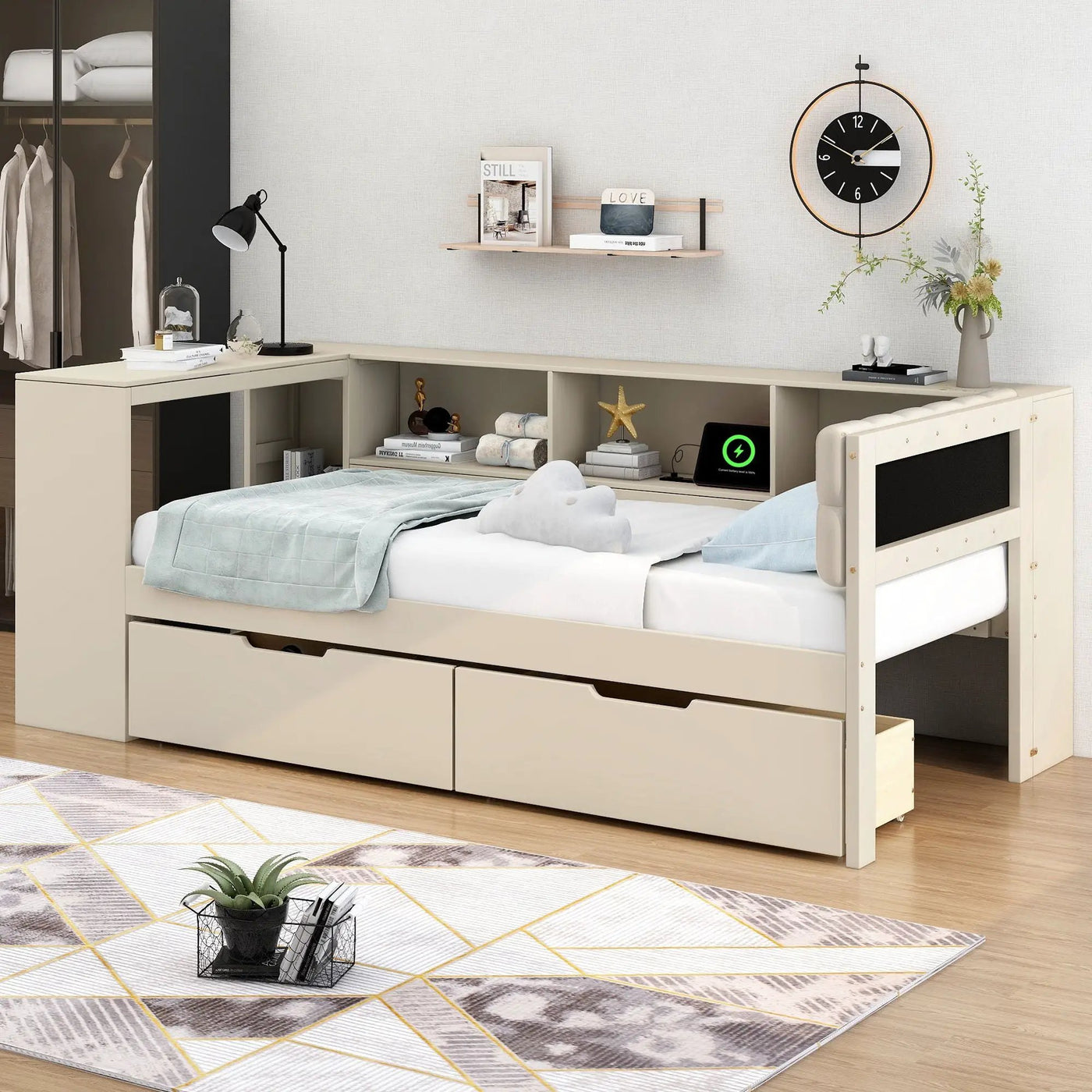 Upholstered Headboard Platform Bed With Storage Shelves, Drawers, Charging Station by HouseOfZazla