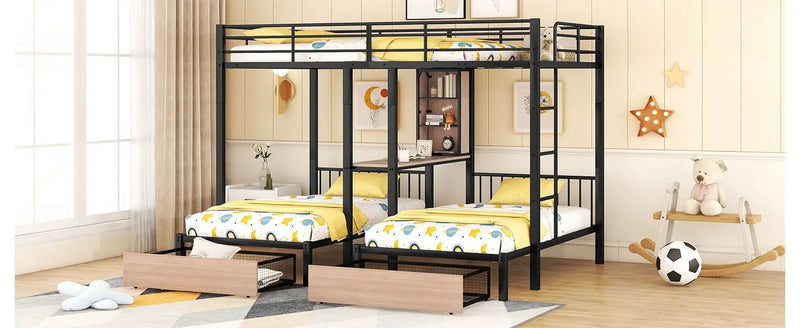 Triple Bunk Bed With Drawers, Multi-Functional Frame With Desks And Shelves In The Middle by HouseOfZazla