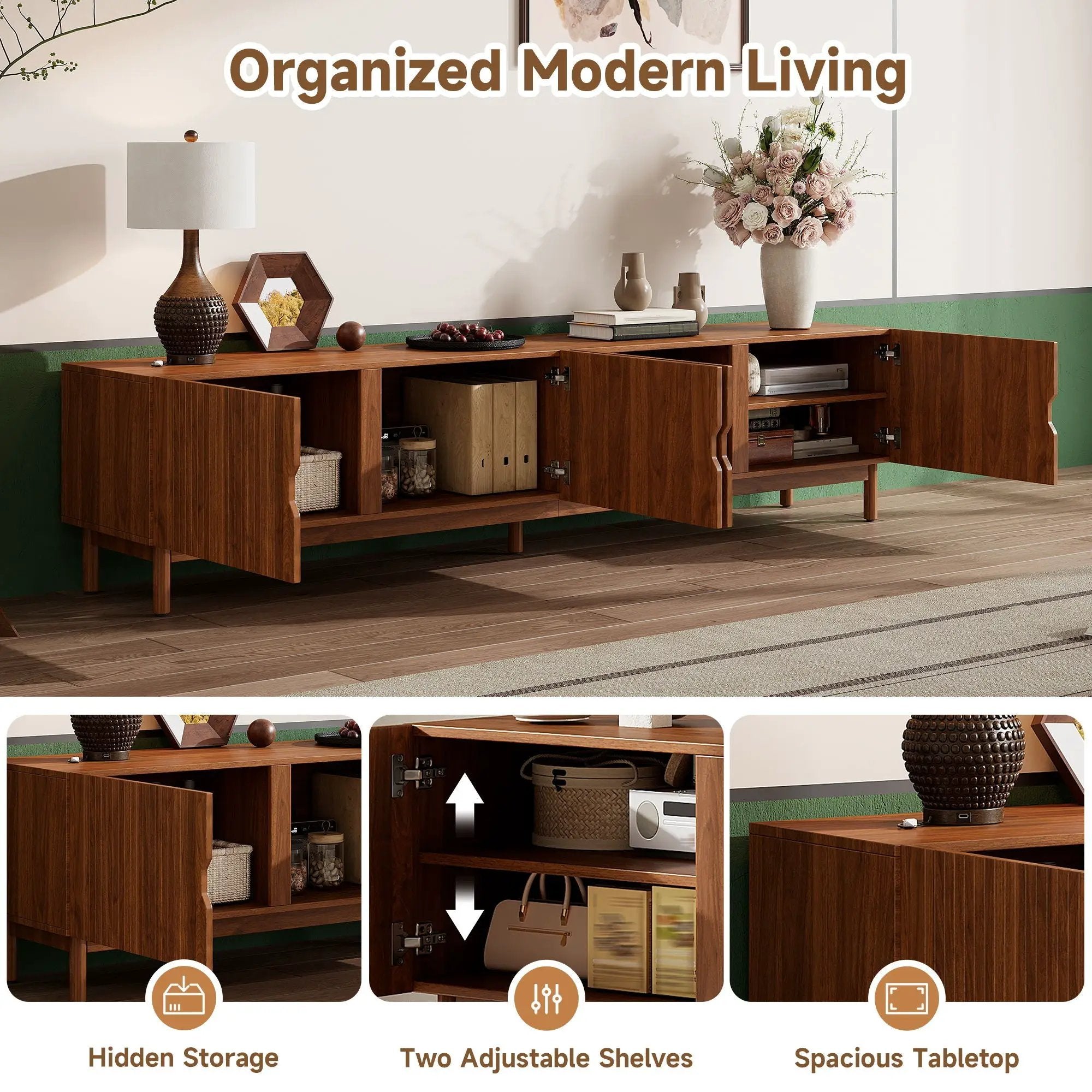 TV Stand With Legs, Media Console, 4 Cabinets For Living Room - Natural Wood by HouseOfZazla