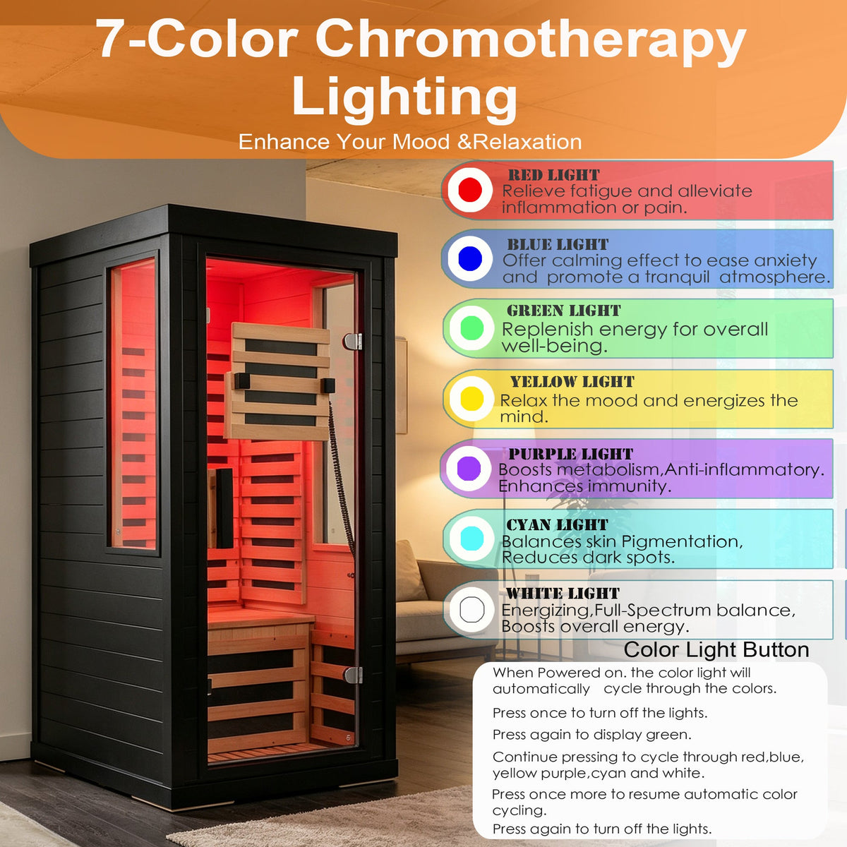 One-Two Person Far Infrared Sauna with 7-Color Therapy Lighting - Solid Wood, photo 4 of 9