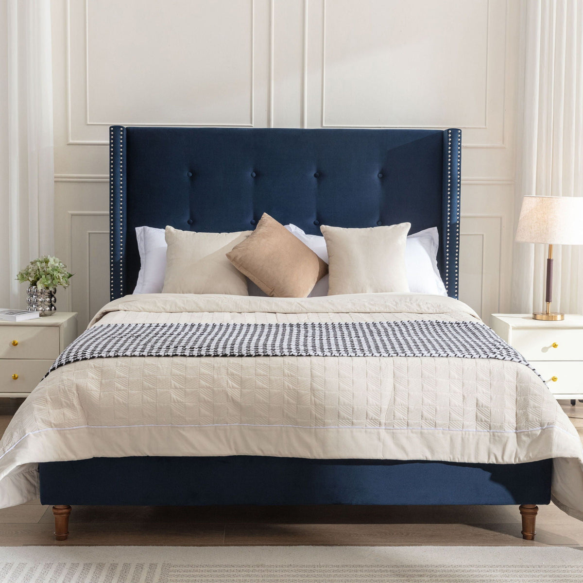 Upholstered Bed with 54" High Headboard and Hand Buttoned Tufting - White or Blue, photo 26 of 40
