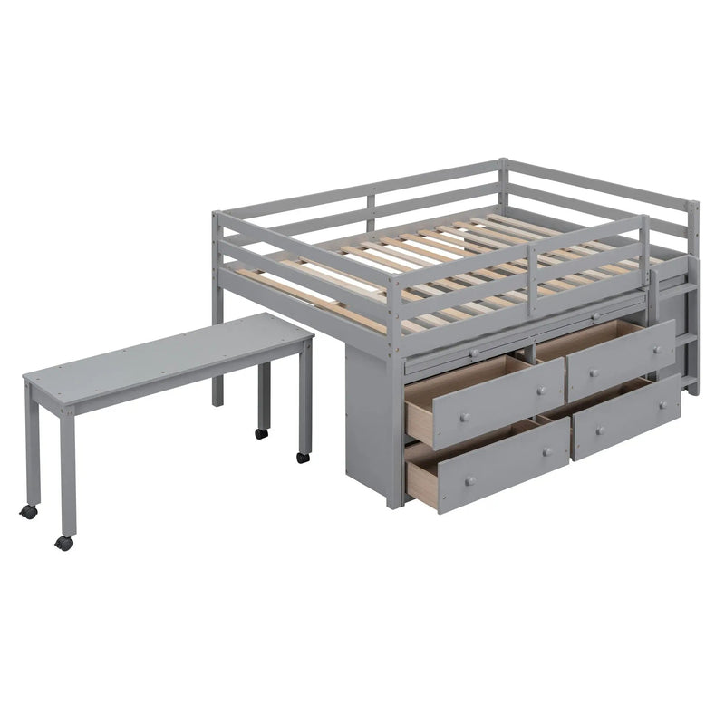 Loft Bed With Retractable Writing Desk And 4 Drawers, With Lateral Portable Desk And Shelves by HouseOfZazla