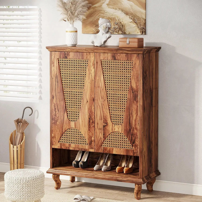 Shoe Cabinet With 5 Tier Freestanding Organizer, Ventilated Doors - Natural Wood by HouseOfZazla