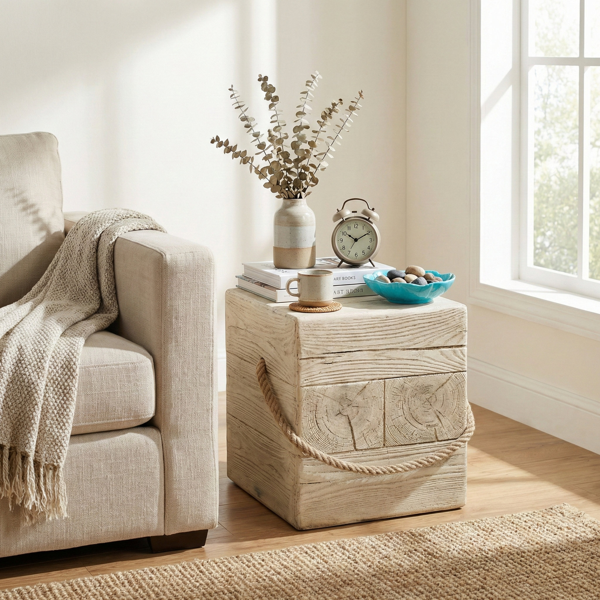 Outdoor Wood Grain Square MGO Side Table with Simulated Braided Cord by HouseOfZazla