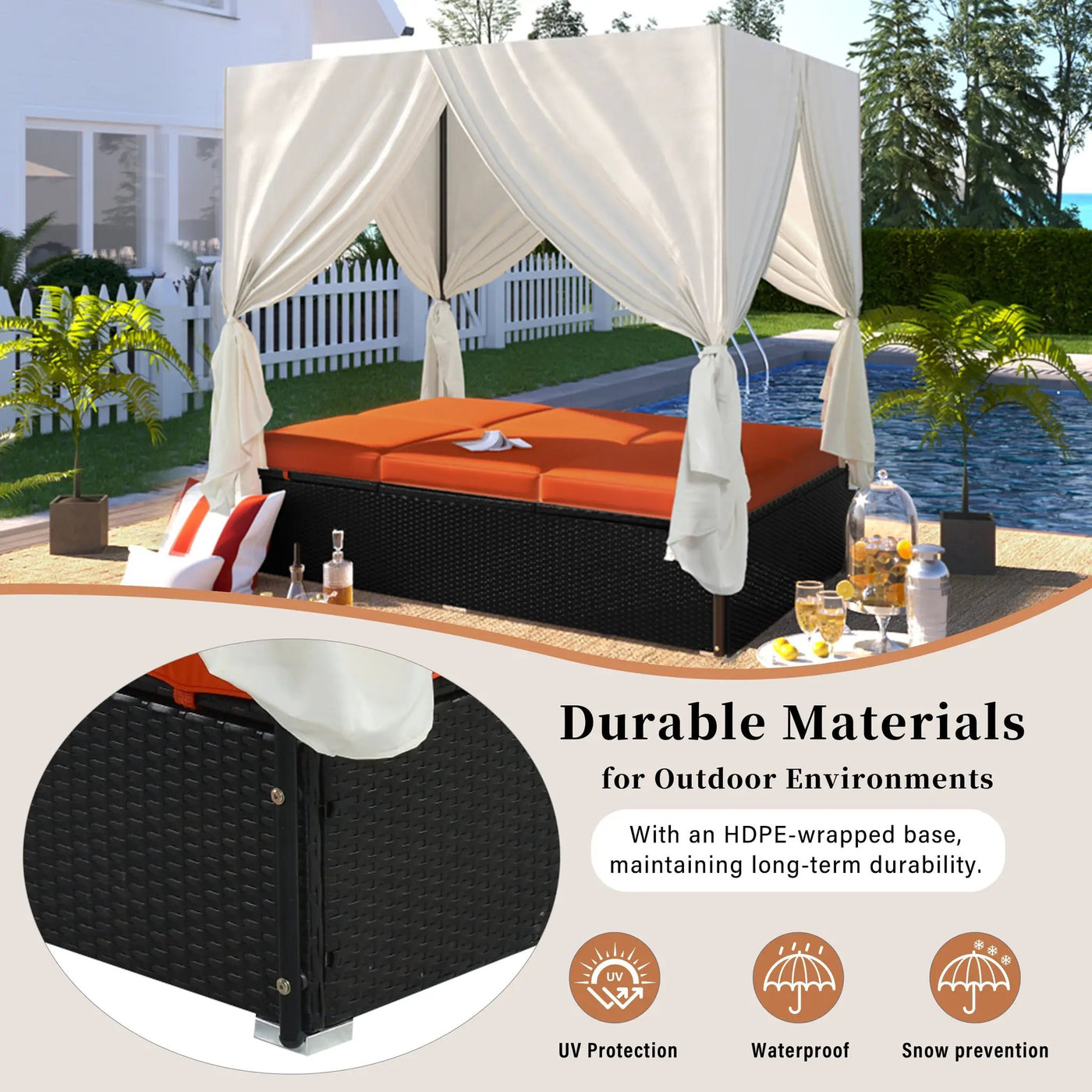 U_STYLE Outdoor Double Chaise Lounge Daybed with Curtains by HouseOfZazla