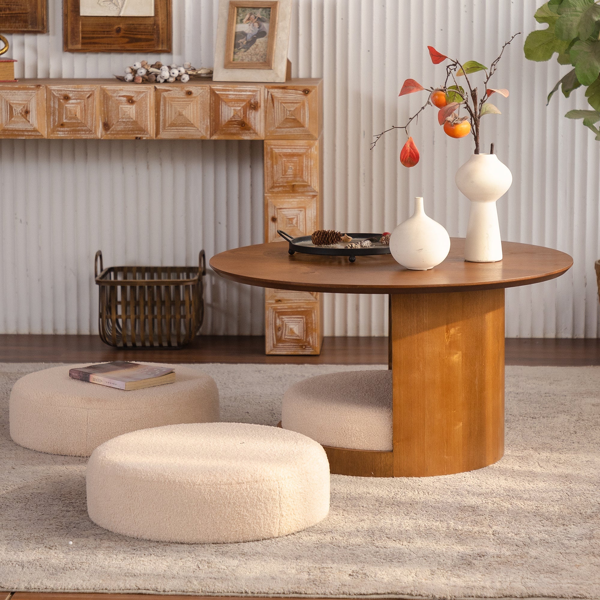 31.5" Round Wood Coffee Table with 3 Teddy Fabric Nesting Stools by HouseOfZazla