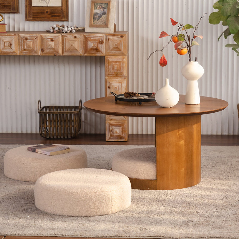 31.5" Round Wood Coffee Table with 3 Teddy Fabric Nesting Stools by HouseOfZazla