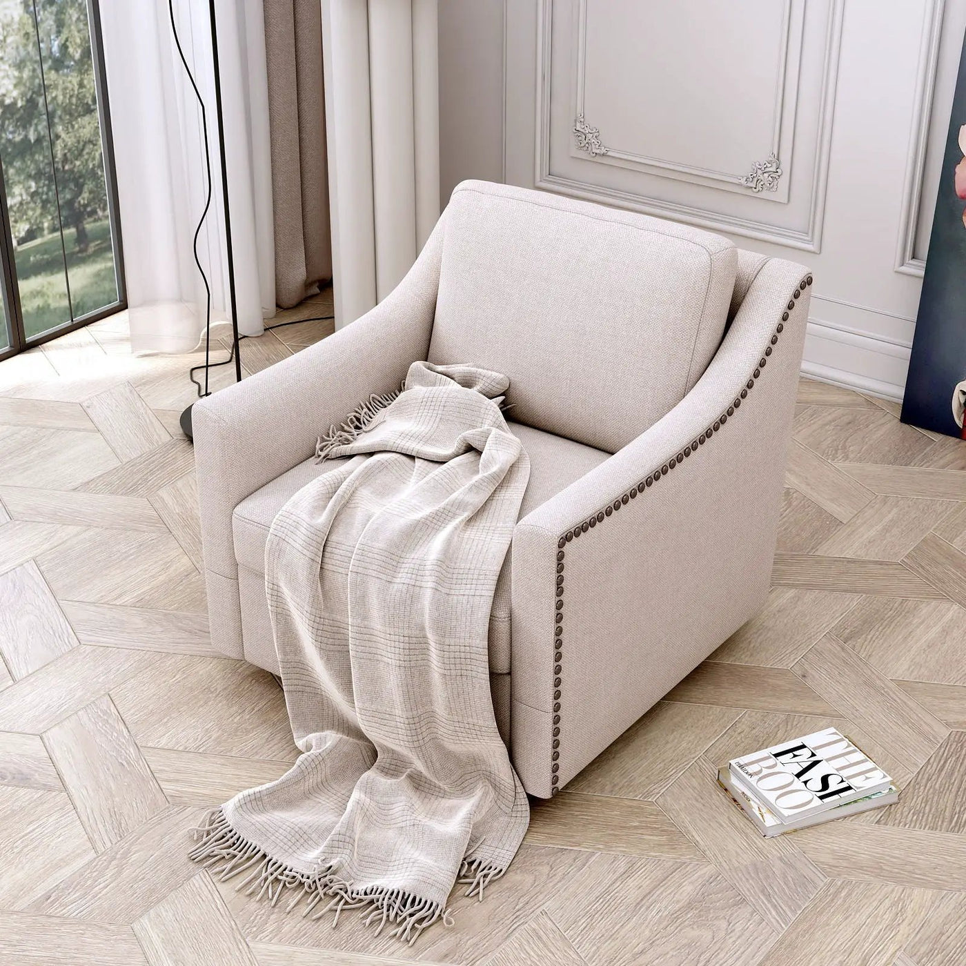 360 Degree Swivel Armchair, Skin Friendly Fabric, Ergonomic Design, Brass Nail Decorative Armchair by HouseOfZazla