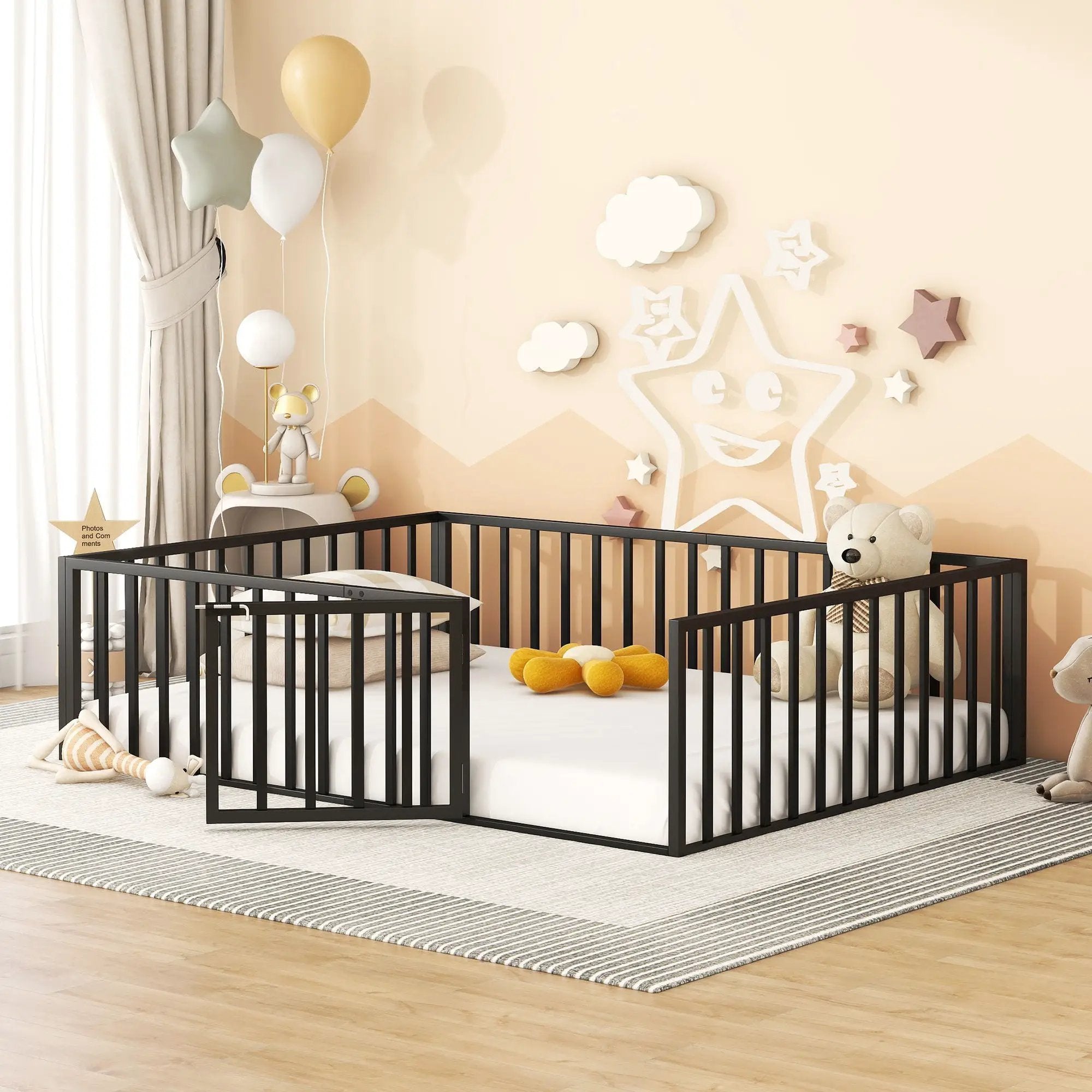 Metal Floor Bed Frame With Fence And Door by HouseOfZazla