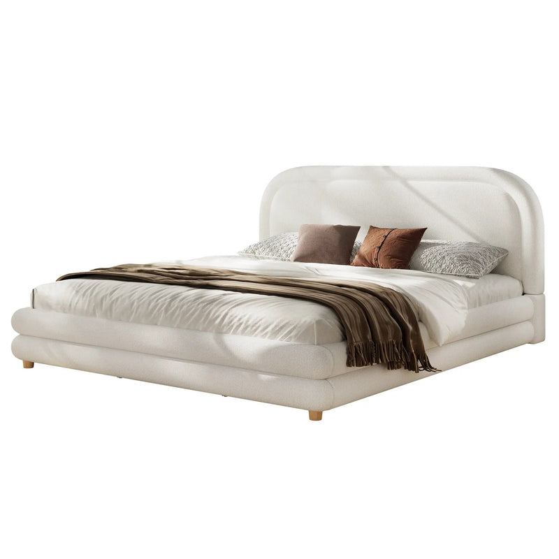 King Size Bed Frame With Boucle Upholstered Thick Curved Headboard, Solid Wood Legs by HouseOfZazla