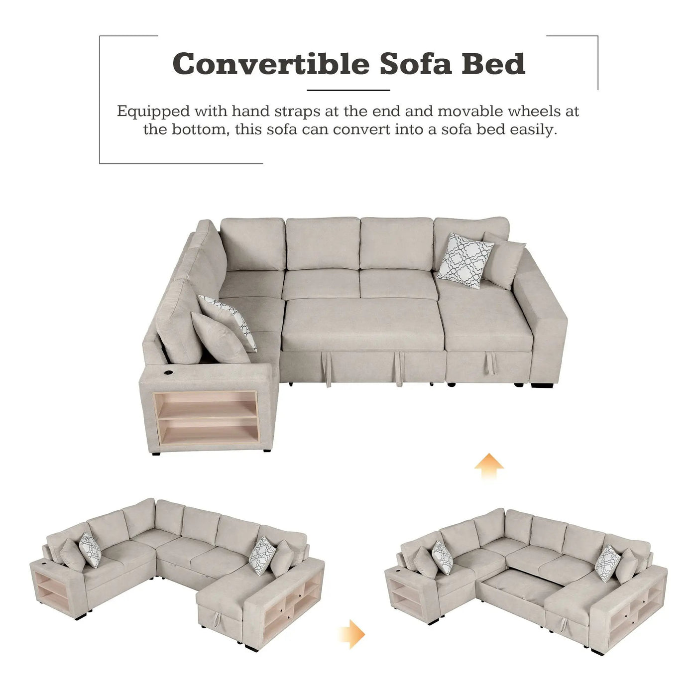 U-Shaped Sectional Sofa Pull-Out Sofa Bed With Two USB Ports, A Storage Chaise Lounge And Four Back Pillows For Living Room by Unique Piece Furniture