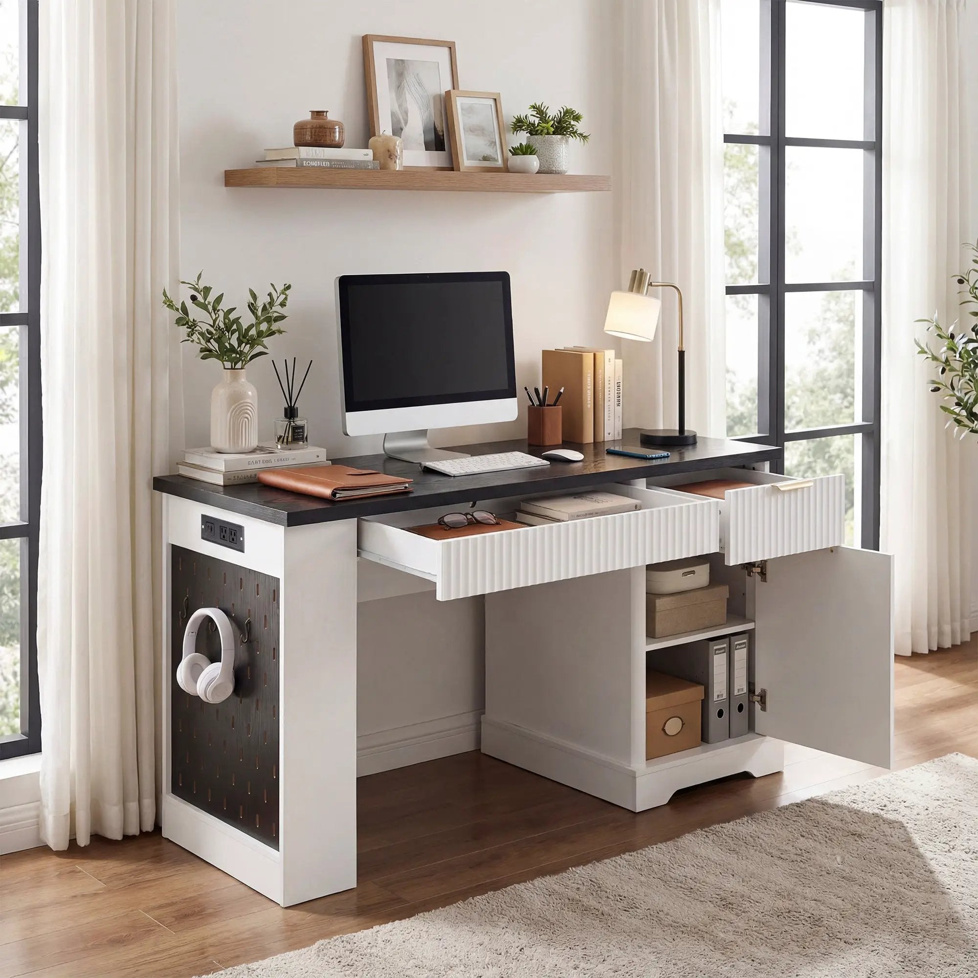 55" Modern Fluted Office Desk with Storage Cabinet & Drawers by HouseOfZazla