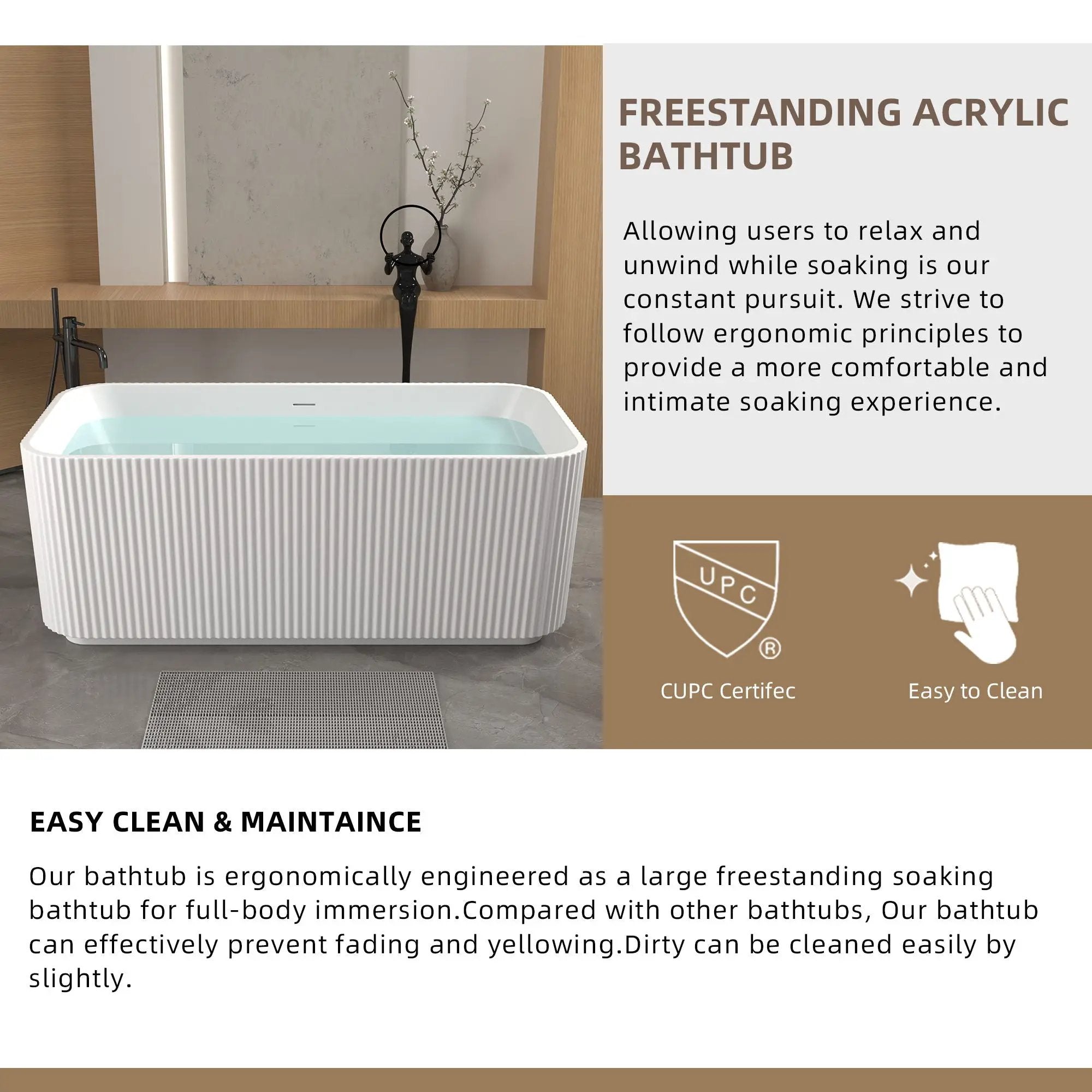Rectangle Linear Freestanding Soaker Tub With Pop Up Drain, Double Wall Insulated Construction - Gloss White