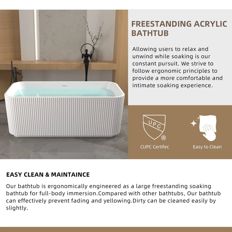 Rectangle Linear Freestanding Soaker Tub With Pop Up Drain, Double Wall Insulated Construction - Gloss White