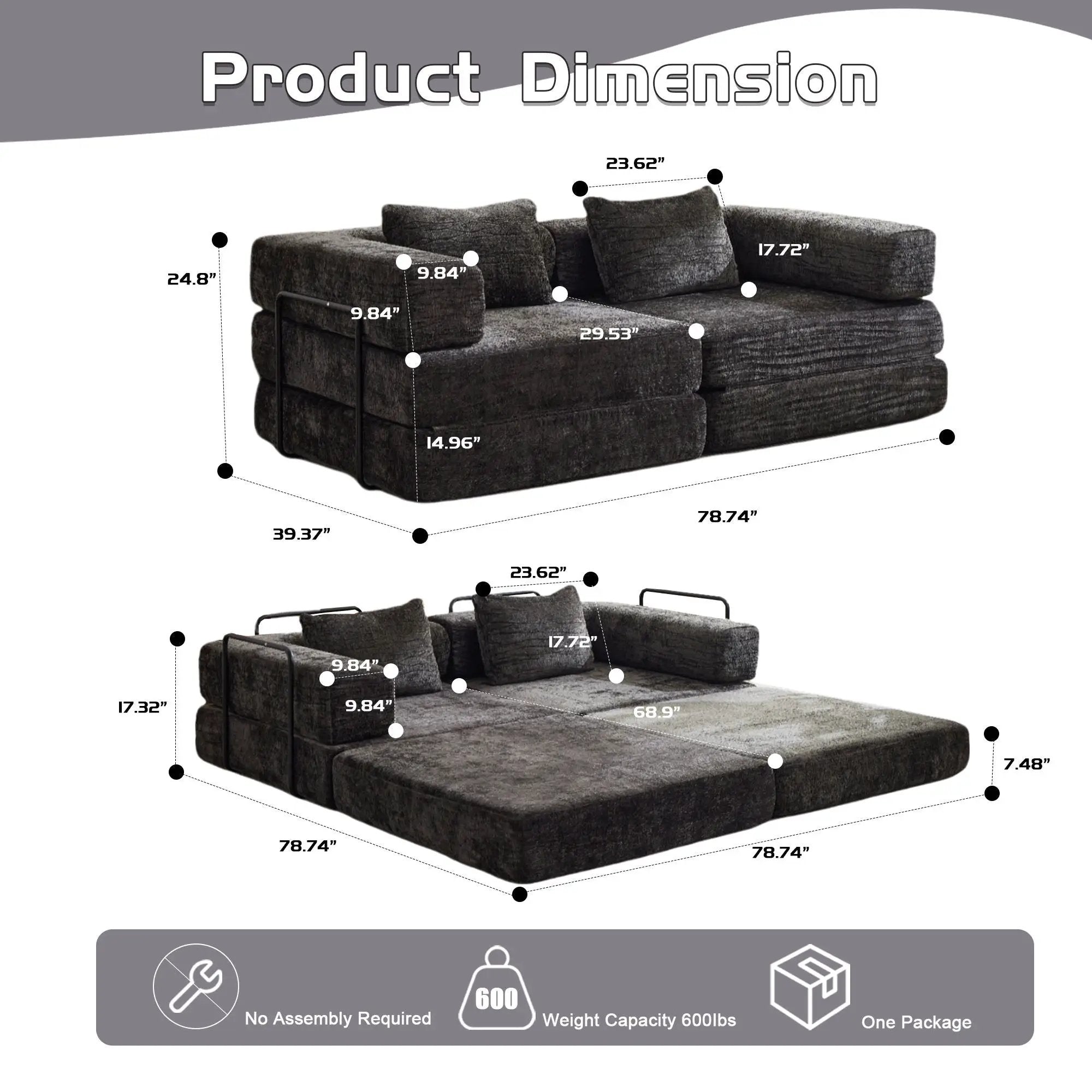 Convertible Floor Sofa Bed With Pillow Back Support Armrest by Unique Piece Furniture