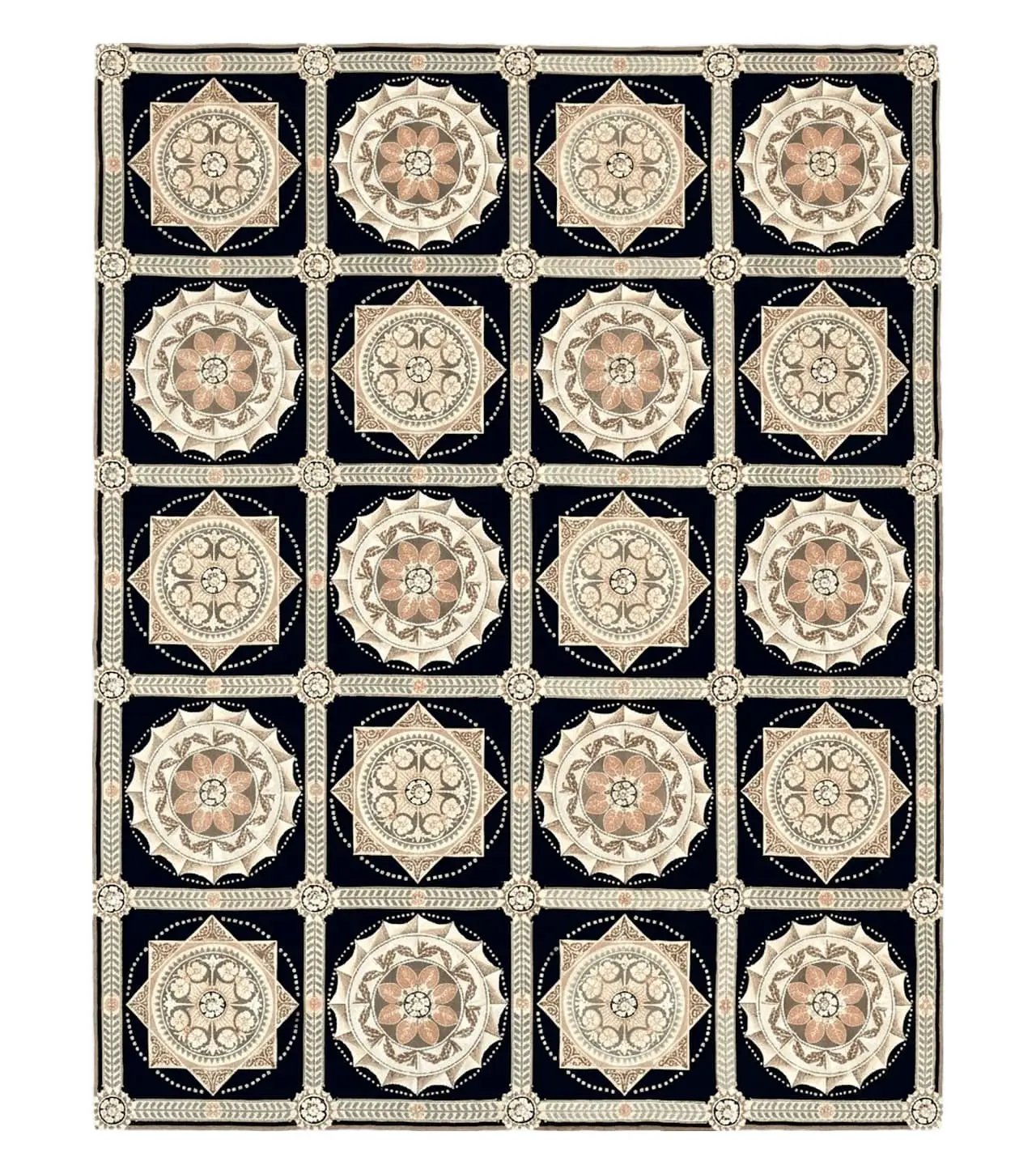 Needlepoint Rug 8x10, Black Tan Beige, Panel Design, Wool Handwoven Handmade Flatweave Needlepoint Carpet, Vintage French European Rug by Jewel Rugs