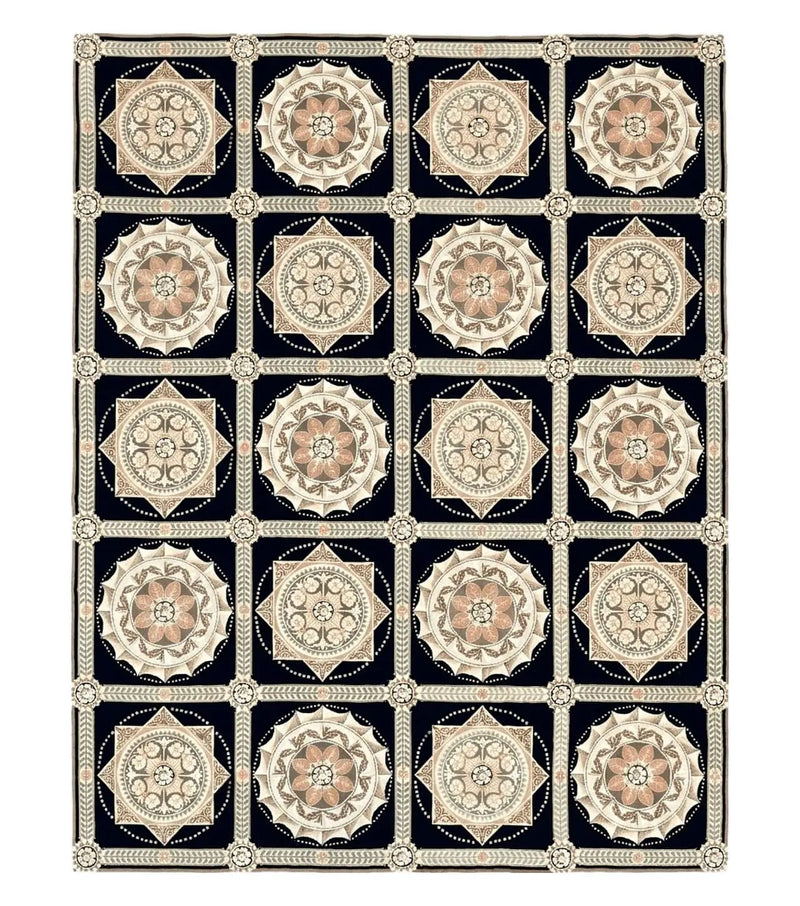 Needlepoint Rug 8x10, Black Tan Beige, Panel Design, Wool Handwoven Handmade Flatweave Needlepoint Carpet, Vintage French European Rug by Jewel Rugs