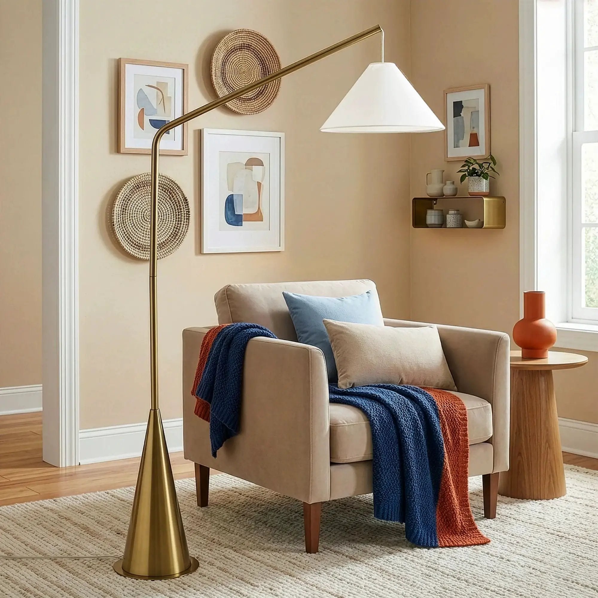 Lisbon - Floor Lamp With On / Off Switch Coned Base Hanging Shade - Antique Brass / White by HouseOfZazla