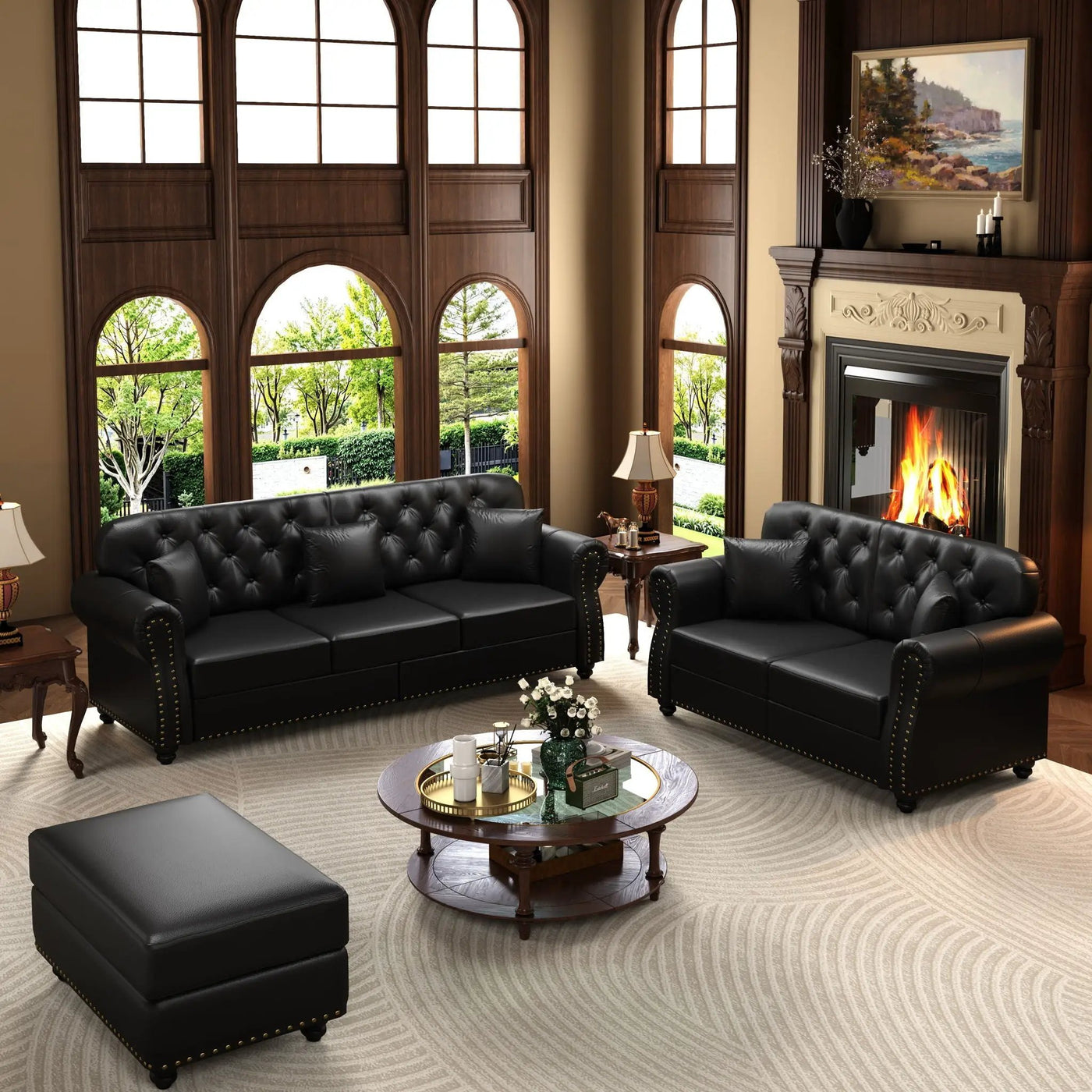 Upholstered Sofa With Nailhead Trim, Rolled Armrests With Ottoman by HouseOfZazla