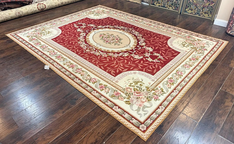 Wonderful Aubusson Rug 9x12, Handmade Vintage Needlepoint Carpet, Red and Ivory, Elegant European Design, Wool by Jewel Rugs