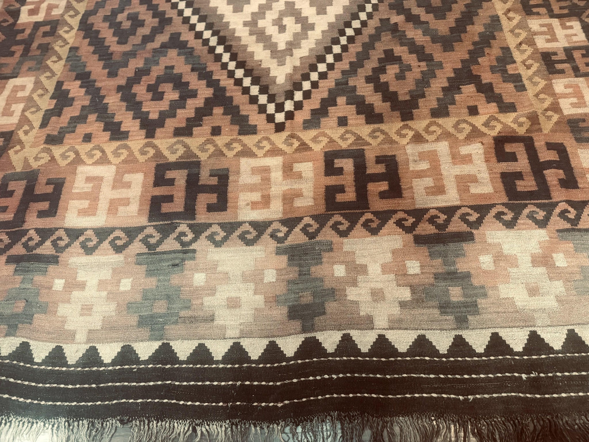 Antique Persian Tribal Kilim Rug 9x12, Zig Zag Pattern Kilim, Zarand Rug, Wool, Earth Tone Colors by Jewel Rugs