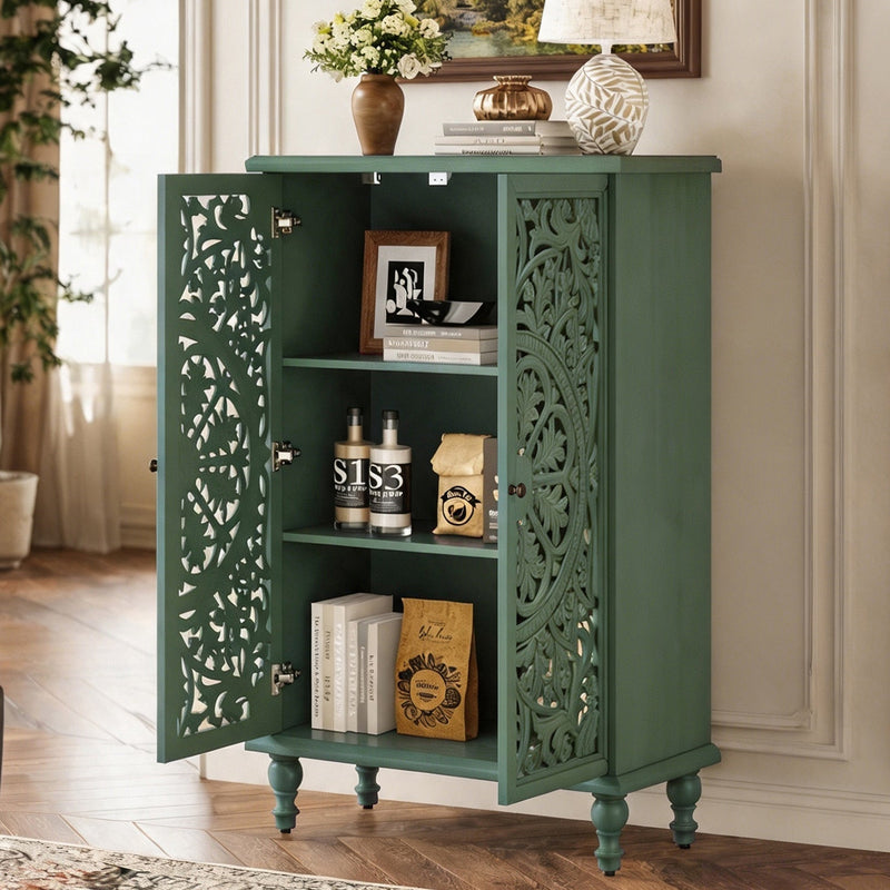 Tall Accent Cabinet with Doors & Storage, Farmhouse Hollow Carved Double Door Display Cabinet with Adjustable Shelf & Turned Legs, Freestanding Decorative Cabinet for Entryway Living Room, photo 5 of 10