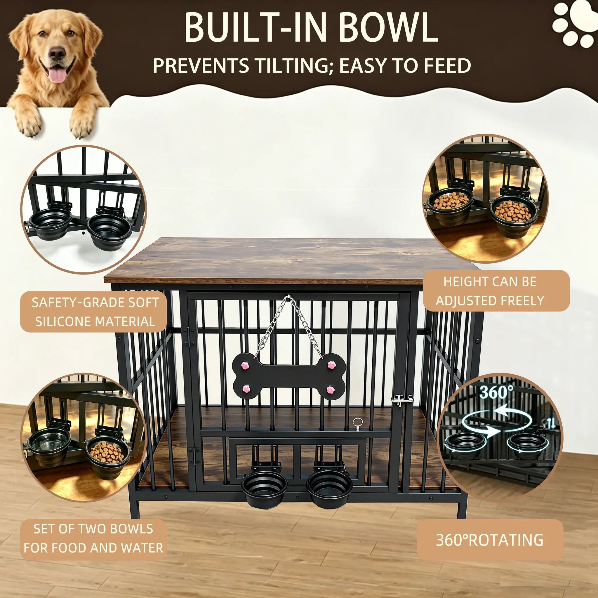 Vintage Wood Grain Dog Cage with Rotating Bowl by HouseOfZazla