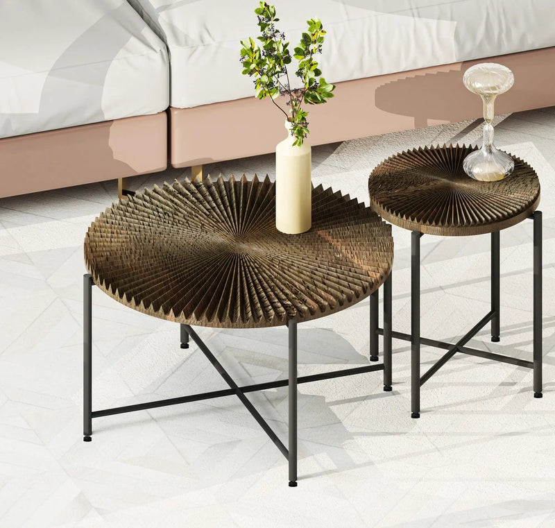 Radial - Pattern Coffee And End Table Set Waterproof Cover, Distressed Cylindrical Design (Set of 2) by HouseOfZazla