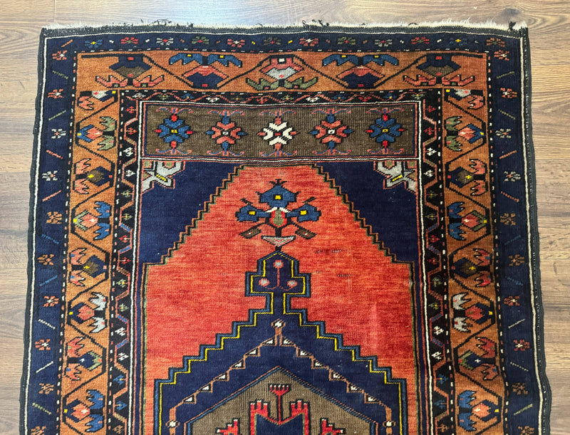 Persian Rug 3x6, Geometric Medallion, Village Tribal Rug, Terracotta and Navy Blue, Antique Nahavand Hamadan Rug by Jewel Rugs