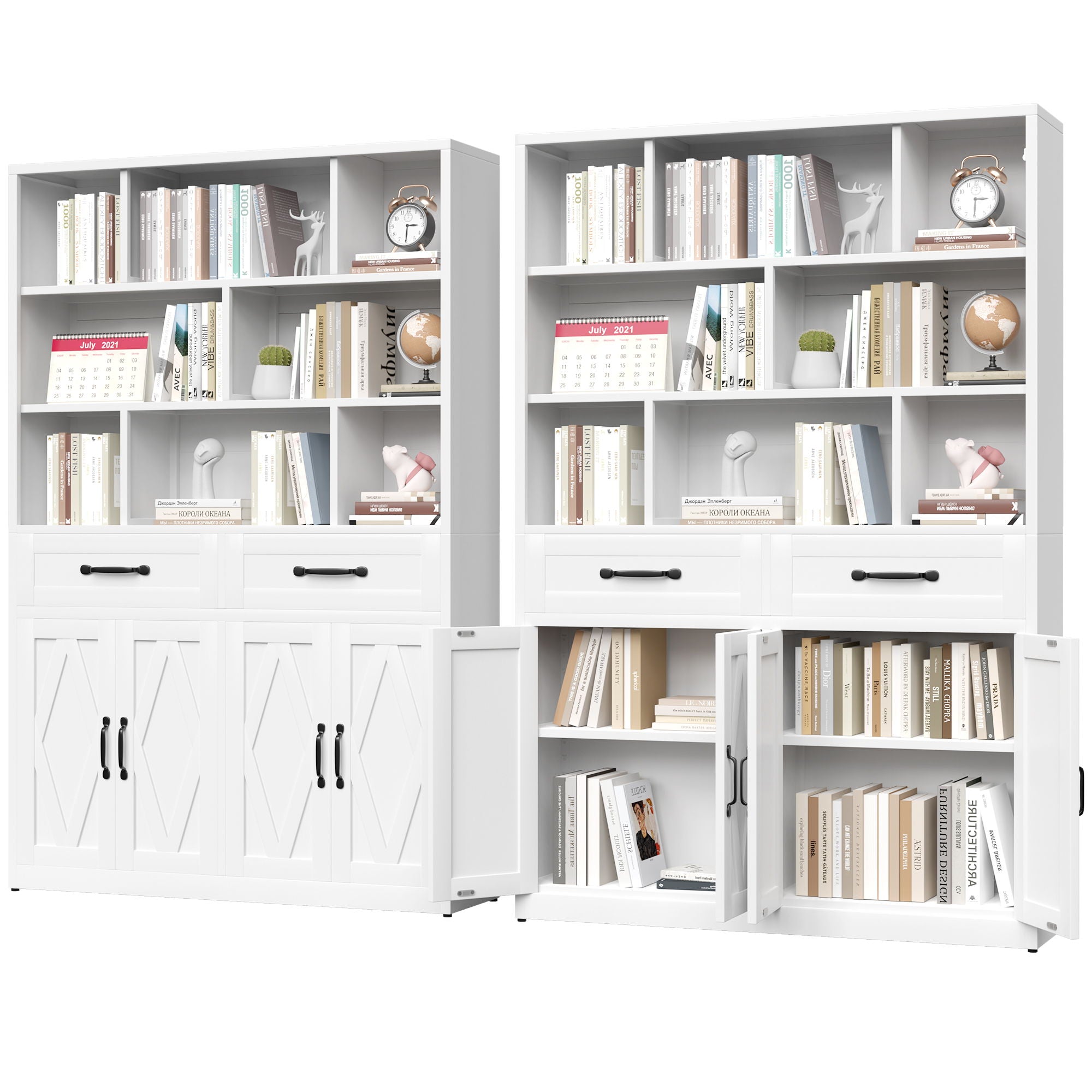 Bookcase Tall With 2 Doors & 2 Drawers, Fixed Open Shelves - White by HouseOfZazla