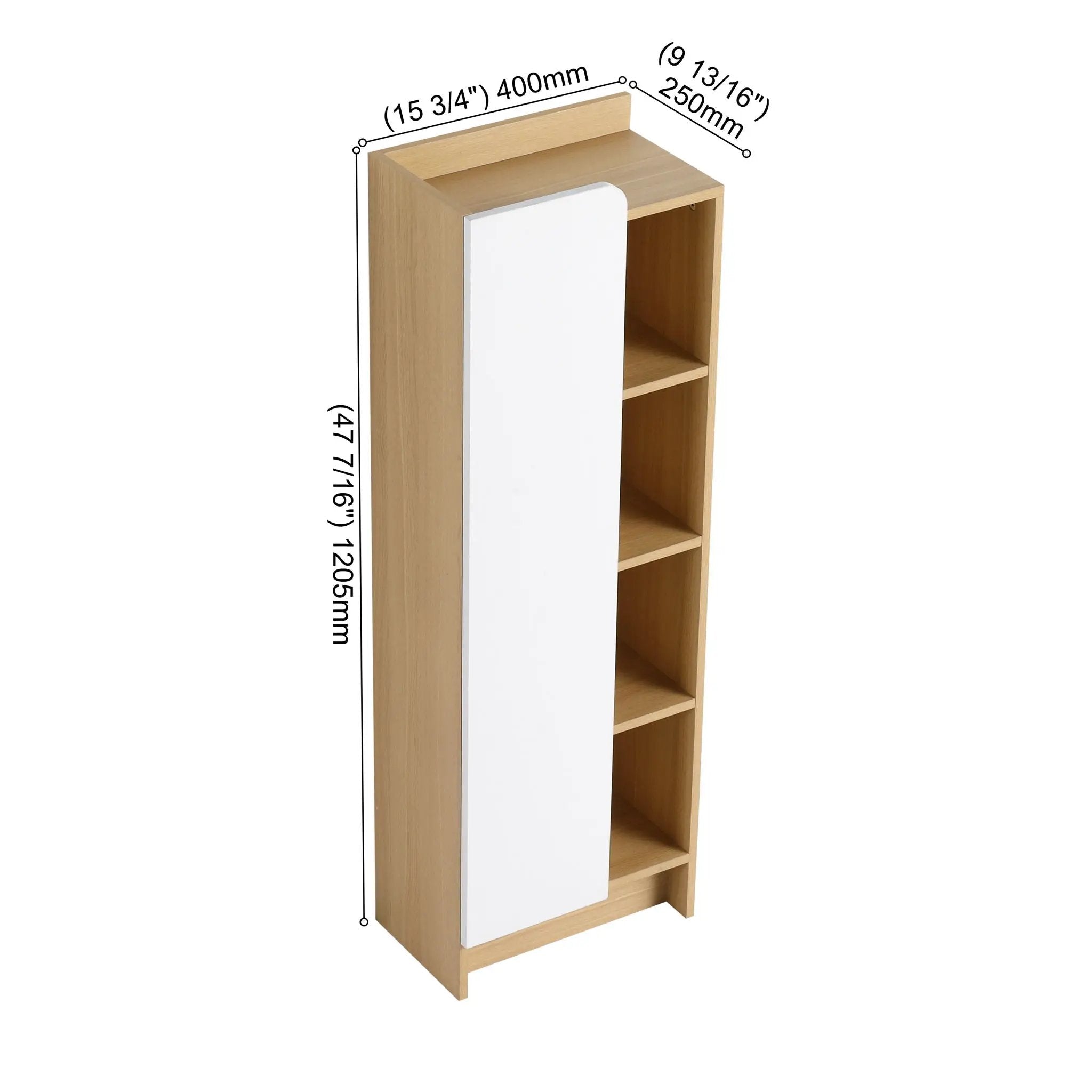 Tall Freestanding Bathroom Side Cabinet With Single Door & 4 Tier Open Shelves - Black / Light Oak / White by HouseOfZazla